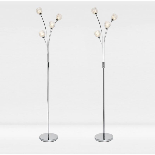 Set of 2 4 Light Chrome Plated Floor Standard Light with Textured Clear Glass Shades - Polished chrome plate and clear glass