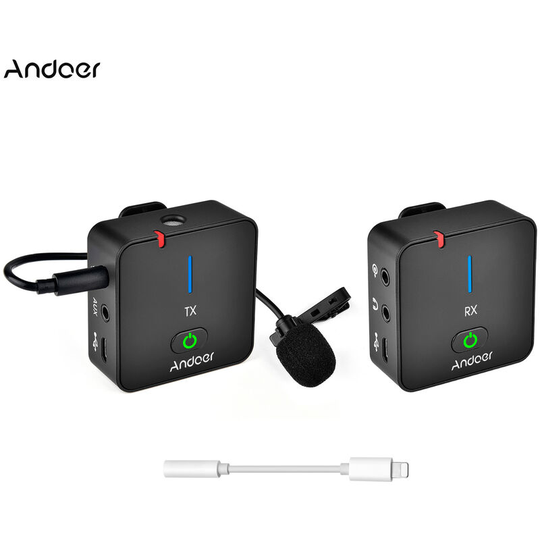 Andoer - MX5 2.4G Wireless Recording Microphone System with Transmitter Receiver Clip-on Lavalier Mic 50M Effective Range Built-in Battery
