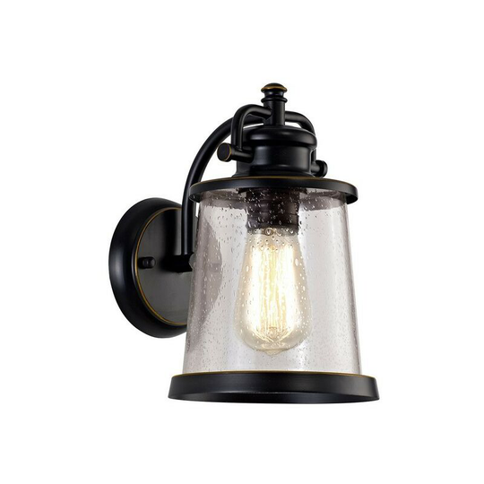 Wall Lantern Lamp, 1 x E27, Black, Gold With Seeded Clear Glass, IP54 - Luminosa Lighting