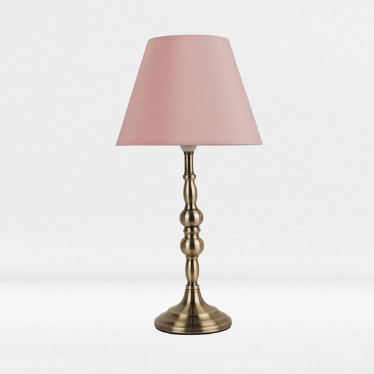 First Choice Lighting - Antique Brass Plated Bedside Table Light with Candle Column Blush Pink Fabric Shade - Antique brass plate and textured blush