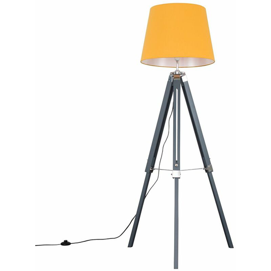 Tripod Floor Lamp Clipper Standing Light in Grey with Tapered Shade - Mustard + led Bulb