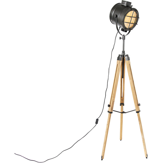 Qazqa - Tripod vloerlamp zwart met hout studiospot - Radiant - Black