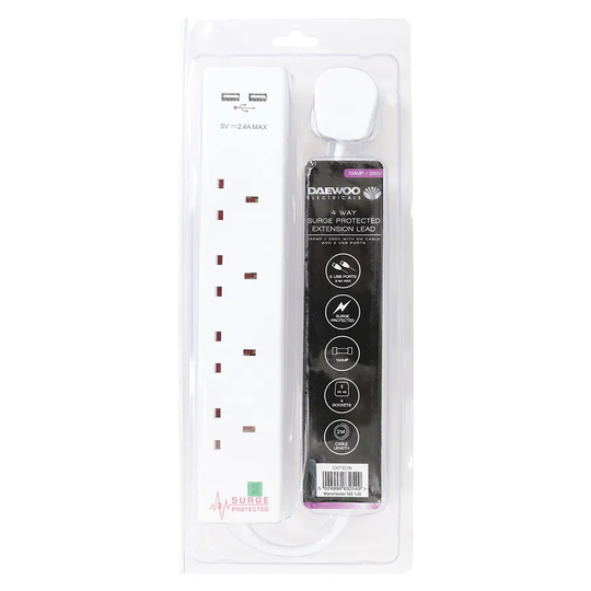 Daewoo 4-Way 2m Extension Lead with Surge Protection & 2 x USB Sockets - White