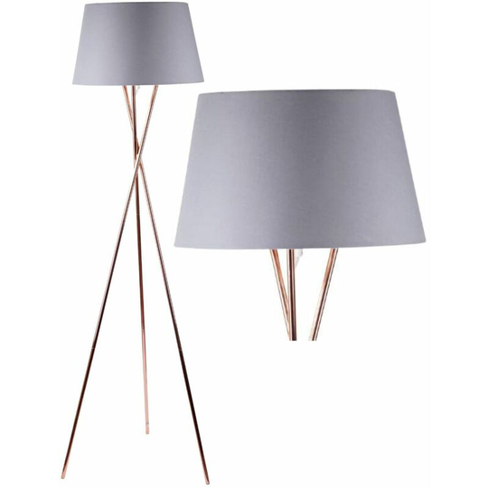 Copper Tripod Floor Lamp with Grey Fabric Shade - Polished copper plate and grey cotton