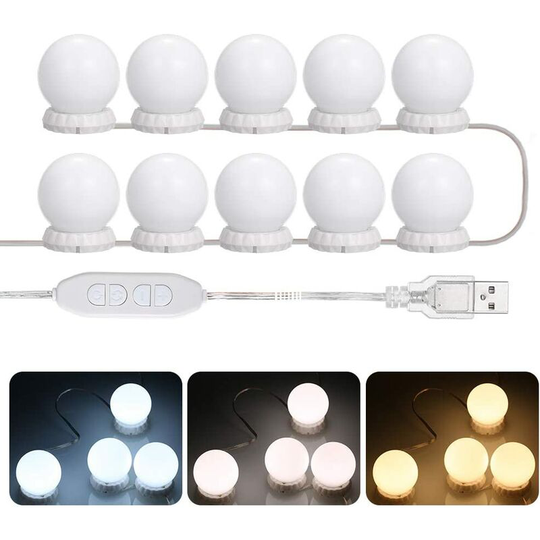 Aougo - Mirror Light,10 Hollywood Bulbs Dimmable led Light Kit Lamp for Bathroom Cosmetic Mirror 3 Colors 10 Brightness Levels with usb Connector