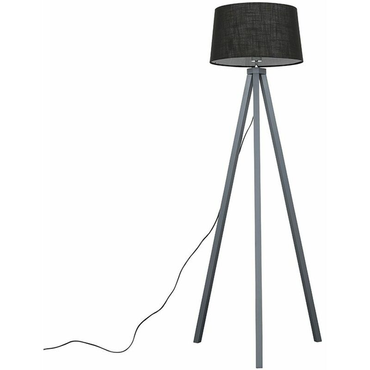 Wooden Tripod Floor Lamp in Grey with Doretta Shade - Black - No Bulb