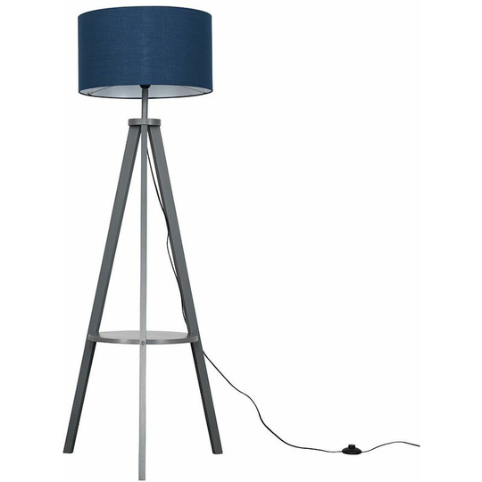 Tripod Shelf Floor Lamp in Grey with Large Drum Shade - Navy - No Bulb
