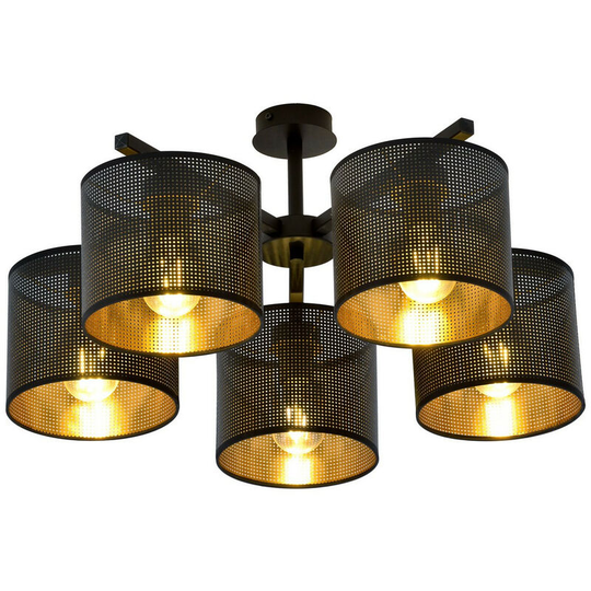 Emibig Jordan Black Multi Arm Semi Flush Ceiling light with Black, Gold Fabric Shades, 5x E27