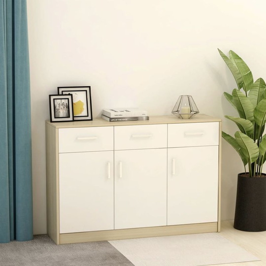 Sideboard White and Sonoma Oak 110x34x75 cm Chipboard VD31735 - Hommoo