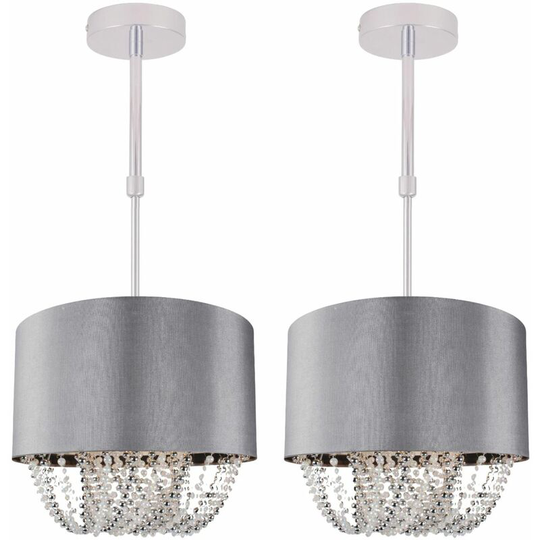 First Choice Lighting - Set of 2 Large 40cm Grey Fabric Ceiling Adjustable Flush With Beaded Diffuser - Polished chrome plate with chrome & pearl