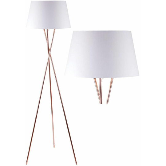 Copper Tripod Floor Lamp with White Fabric Shade - Polished copper plate and white cotton