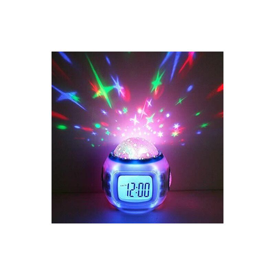 Premium alarm clock, led starry sky projector (digital) with 10 melodies, night light clock for babies and children, decorative lamp throwing stars