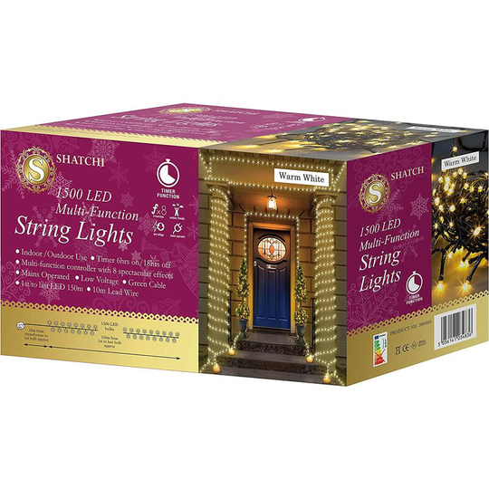 Shatchi - 1500 Warm White LEDs Multifunction Timer Outdoor String Fairy Lights 150M - Natural