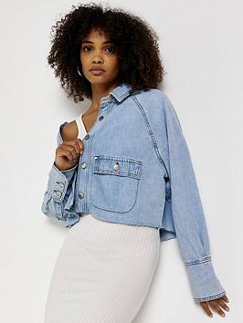 River Island Cropped Denim Over Shirt-Light Denim, Light Denim, Size L, Women