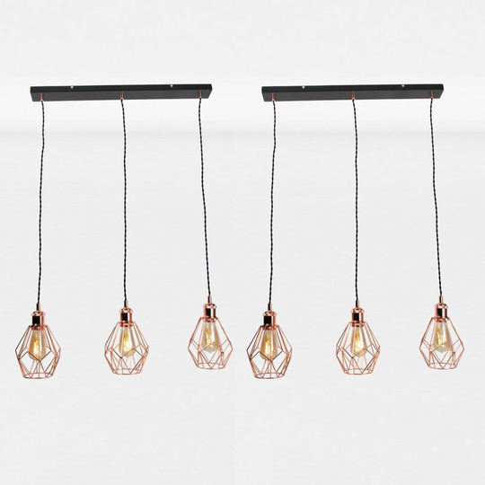 Set of 2 Matt Black & Copper Geometric 3 Light Bar Pendants - Matt black and polished copper plate