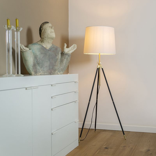 Qazqa - Tripod floor lamp black with cream shade adjustable - Scopo - White