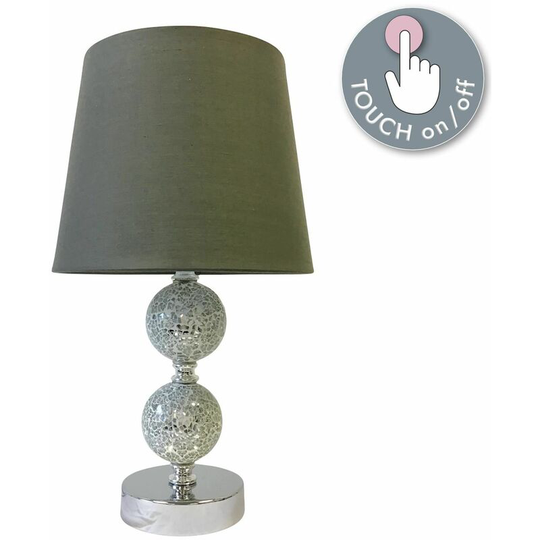 First Choice Lighting - Mosaic Touch Lamp with Grey Shade - Polished chrome plate with mirrored mosaic glass detail and grey cotton