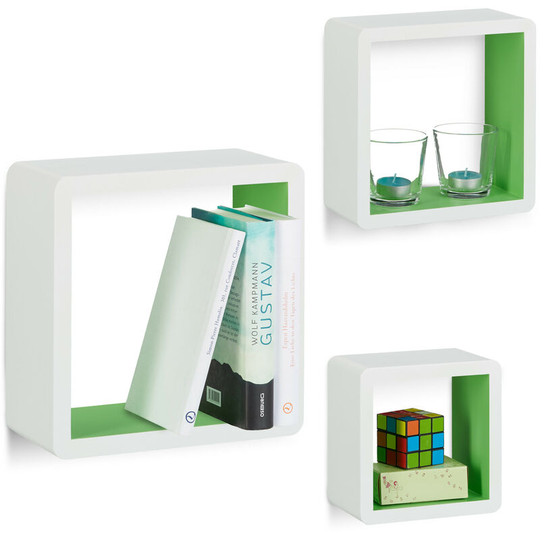Cube Wall Shelves Set of 3, Square Floating Bookcase, Durable and Decorative, White-Green - Relaxdays
