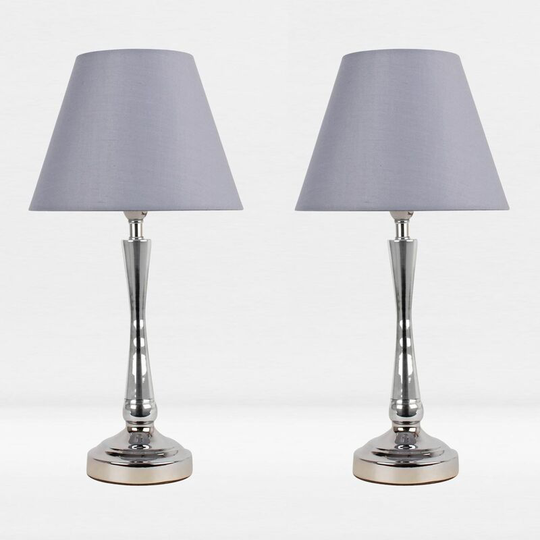 First Choice Lighting - Set of 2 Chrome Plated Bedside Table Light with Curved Column Grey Fabric Shade - Polished chrome plate and textured grey
