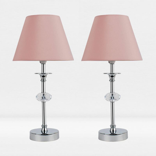 First Choice Lighting - Set of 2 Chrome Plated Stacked Bedside Table Light with Faceted Acrylic Detailing and Blush Pink Fabric Shade - Polished