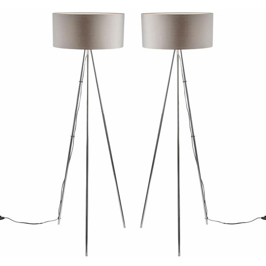 Pair of Chrome Tripod Floor Lamps with Grey Fabric Shades - Polished chrome plate and grey cotton