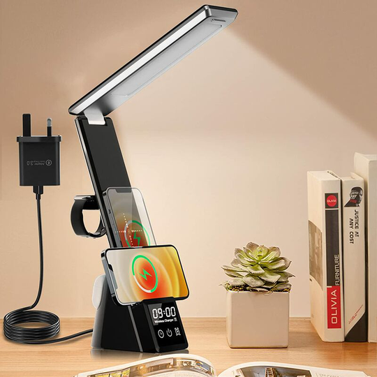 Aougo - led Desk Lamp with Wireless Charger, usb Charging Port, 3 Light Modes with Adjustable Brightness Levels, Alarm, Digital Clock, Dimmable Desk