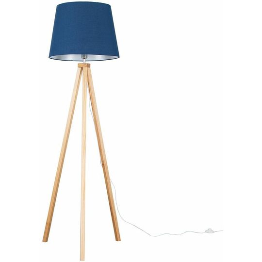 Floor Lamp Modern Wooden Tripod Light in Light Wood with Tapered Shade - Navy Blue