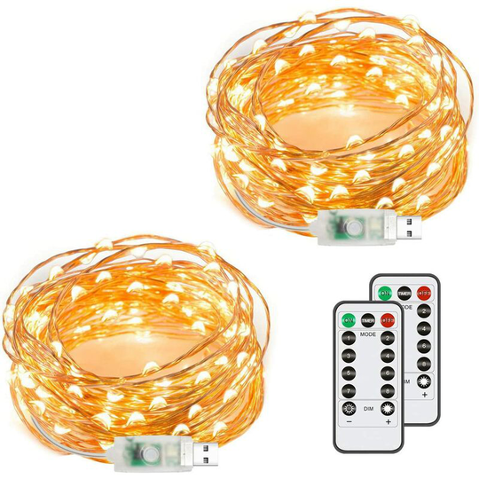 Usb String Lights, 2 Pack 50 led 16.4m led String Lights, Warm White Firefly, usb Plug with Remote Control, Waterproof Copper Wire Decorative String