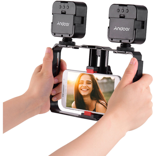 Andoer - Mini led Video Light 5W Photography Fill-in Lamp 6500K Dimmable, 2pcs + Handheld Smartphone Video Bracket Phone Stabilizer Cage with Phone