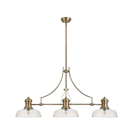 Luminosa Lighting - 3 Light Telescopic Ceiling Pendant E27 With 30cm Flat Round Glass Shade, Antique Brass, Clear