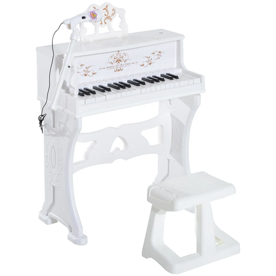 Jouet Kids 37 Key Mini Electric Ornate Piano with Stool & Microphone - White