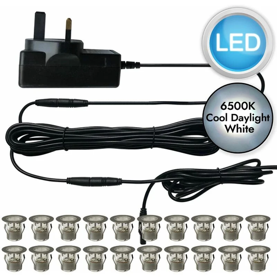 First Choice Lighting - Set of 20 - 30mm Stainless Steel IP67 Cool Daylight White led Plinth Decking Kit - Polished stainless steel and clear pc
