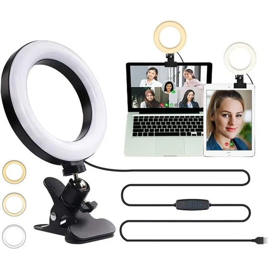 Litzee - Ring Light with Clamp, 6' led Ring Light Photo Video led Lighting Kit, 3 Dimmable Color,11 Levels of Brightness for Portrait YouTube Video,