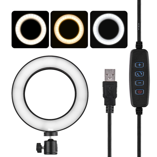Superseller - 6 Inch Mini led Video Ring Light Lamp Dimmable 3 Lighting Modes usb Powered with Telescopic Light Stand Mini Desktop Tripod