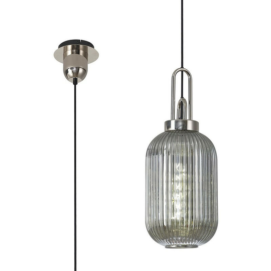 Luminosa Lighting - Luminosa 1 Light Pendant E27 With 20cm Tubular Ribbed Glass, Smoked Polished Nickel, Matt Black