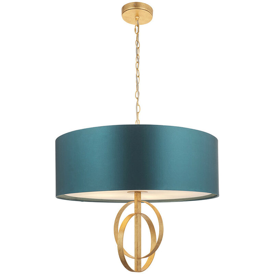 Merano Trento 5 Light Ceiling Pendant Antique Gold Leaf & Teal Satin Fabric