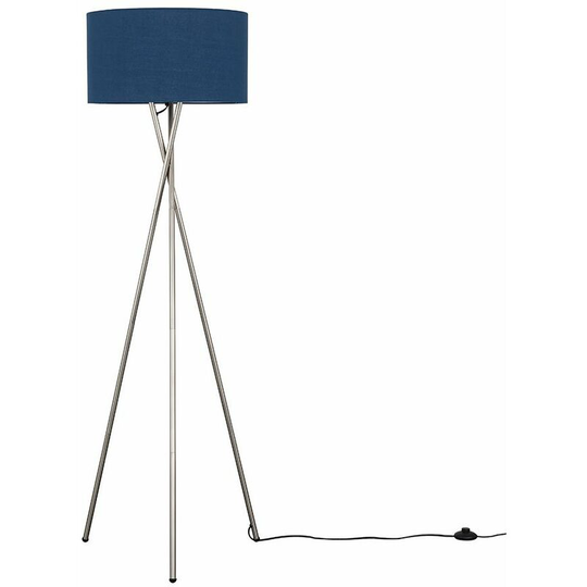 Floor Lamp Tripod Camden Light in Brushed Chrome with Cylinder Lampshade - Navy Blue + led Bulb