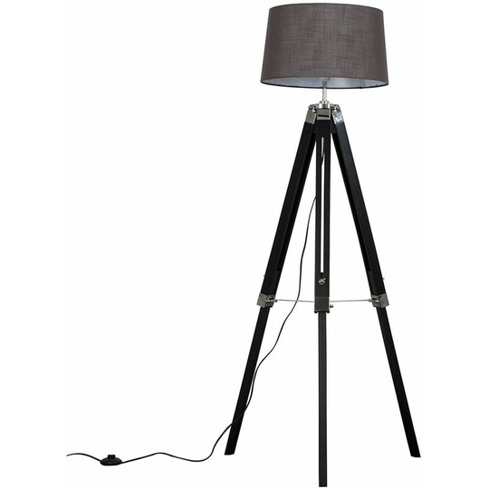 Clipper Tripod Floor Lamp in Black Wood with Doretta Shade - Dark Grey - No Bulb