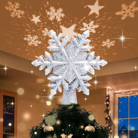Soekavia - Christmas Snowflake Tree Topper, Xmas Tree Topper with led Light Up Projector, usb Powered, Revolving Star and Snowflake Projection for
