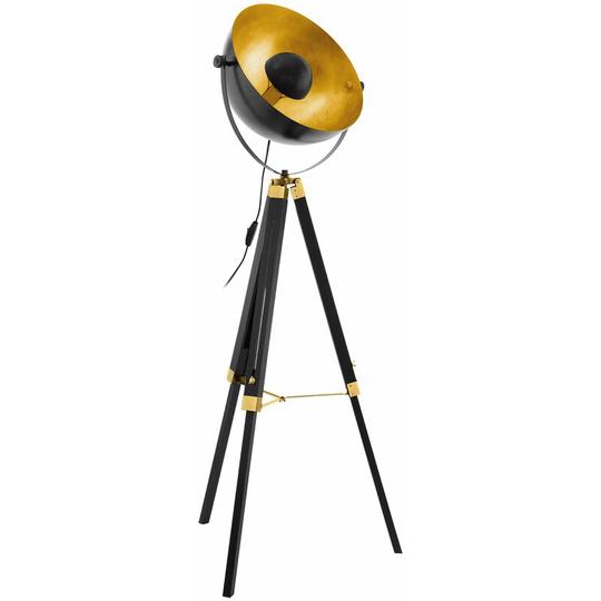 Loops - Tripod Floor Lamp Light Black Wood & Gold Dome Shade 1 x 60W E27 Bulb