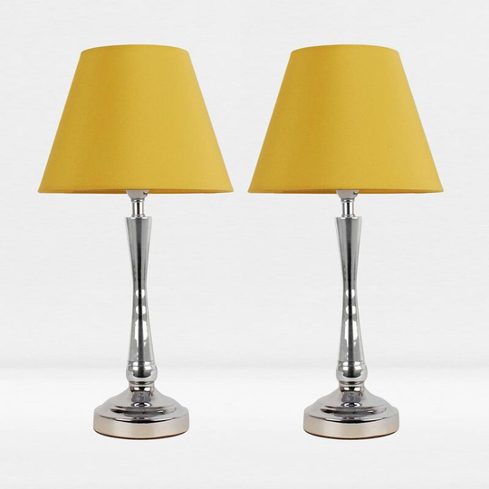 First Choice Lighting - Set of 2 Chrome Plated Bedside Table Light with Curved Column Ochre Fabric Shade - Polished chrome plate and textured ochre