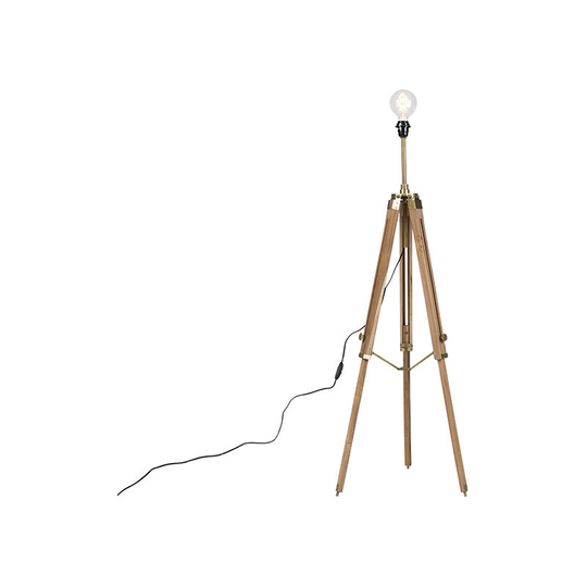 Qazqa - Country floor lamp tripod wood with antique brass - Cortin - Brown