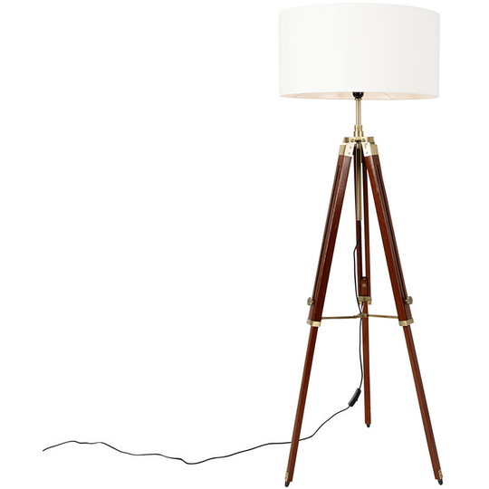 Qazqa - Vintage vloerlamp messing met kap wit 50 cm tripod - Cortin - Brown