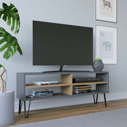 Farrar Modern tv Stand tv Unit tv Cabinet Multimedia Centre with Open Shelves - Anthracite / Oak - Decorotika