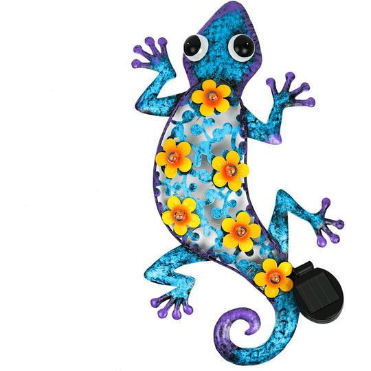 Gecko led Light Up Metal Fence Decoration 42cm Solar Power | Outdoor Garden Wall Patio - Multi Colour