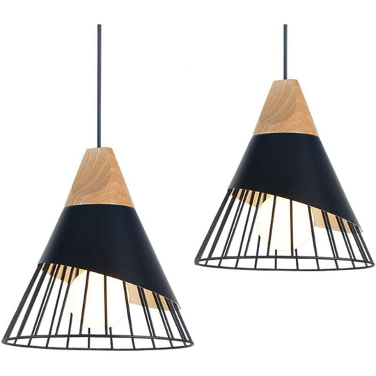 Aougo - 2x Vintage Pendant Light Fixture,Wood Metal Design Industrial Ceiling Lamp in Light Fixtures Pendant Lamp Shade 27 Lighting Sconce for Dining
