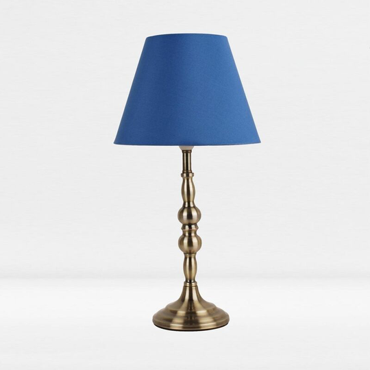 First Choice Lighting - Antique Brass Plated Bedside Table Light with Candle Column Blue Fabric Shade - Antique brass plate and textured blue cotton