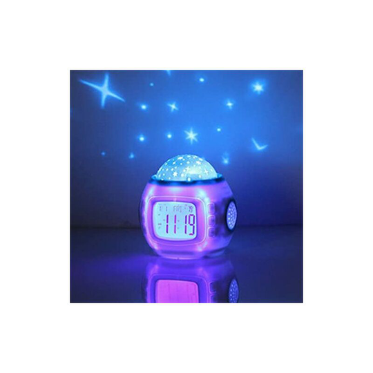 Children's digital alarm clock with star projector, backlight, music, calendar and thermometer