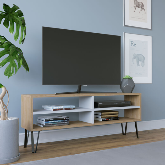 Farrar Modern tv Stand tv Unit tv Cabinet Multimedia Centre with Open Shelves- Oak / White - Decorotika