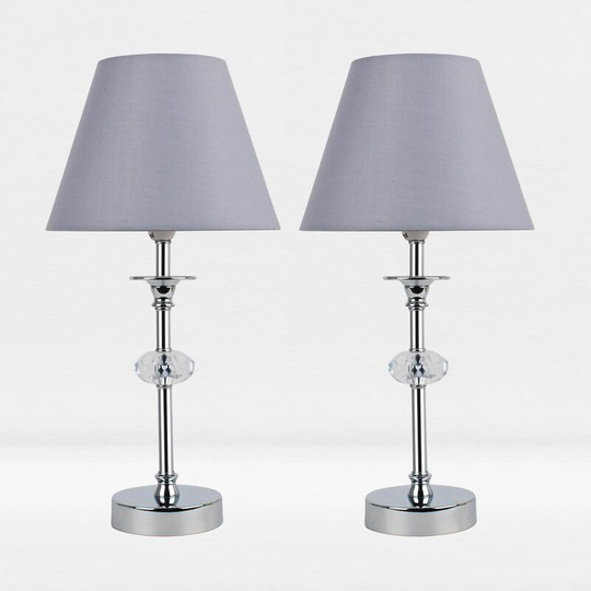 First Choice Lighting - Set of 2 Chrome Plated Stacked Bedside Table Light Faceted Acrylic Detail Grey Fabric Shade - Polished chrome plate with
